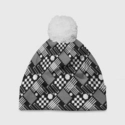 Шапка с помпоном Черно белый узор из геометрических фигур, цвет: 3D-белый