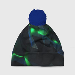 Шапка с помпоном Объемная геометрическая зеленая неоновая абстракци, цвет: 3D-тёмно-синий
