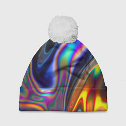 Шапка с помпоном Абстрактный разноцветный жидкий металл, цвет: 3D-белый