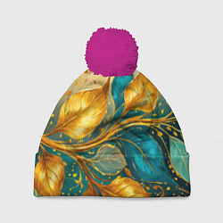 Шапка с помпоном Листья абстрактные золото и бирюза, цвет: 3D-малиновый
