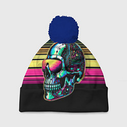 Шапка с помпоном Cyber skull - ai art fantasy, цвет: 3D-тёмно-синий