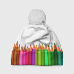 Шапка с помпоном Разноцветные карандаши художественные, цвет: 3D-белый