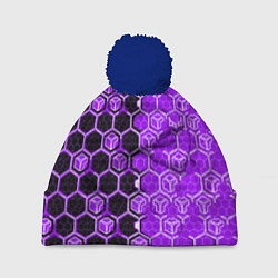 Шапка c помпоном Техно-киберпанк шестиугольники фиолетовый и чёрный