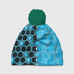 Шапка с помпоном Техно-киберпанк шестиугольники голубой и чёрный, цвет: 3D-зеленый