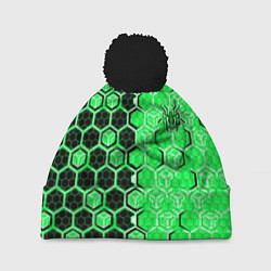 Шапка c помпоном Техно-киберпанк шестиугольники зелёный и чёрный с