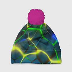 Шапка с помпоном Неоновые яркие зеленые плиты с желтым светом, цвет: 3D-малиновый