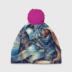 Шапка с помпоном Джинсовая рванина - модный тренд, цвет: 3D-малиновый