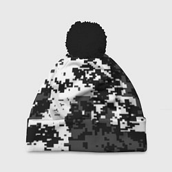 Шапка с помпоном Камуфляжные пиксели чёрно белый, цвет: 3D-черный