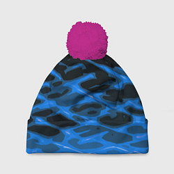 Шапка с помпоном Синие абстрактные полосы на чёрном фоне, цвет: 3D-малиновый