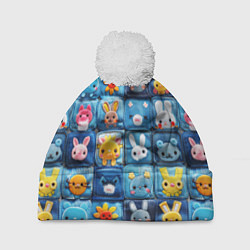 Шапка с помпоном Пэчворк с кроликами, цвет: 3D-белый
