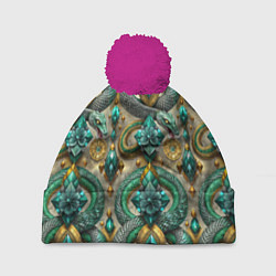 Шапка с помпоном Паттерн зеленые темные змеи, цвет: 3D-малиновый
