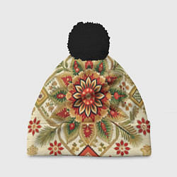 Шапка с помпоном Русские классические узоры и орнамент, цвет: 3D-черный