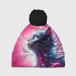 Шапка с помпоном Космический кибер котёнок - неоновое свечение, цвет: 3D-черный