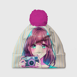 Шапка с помпоном Девушка с фотоаппаратом, цвет: 3D-малиновый