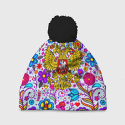 Шапка c помпоном Россия гжель нерб