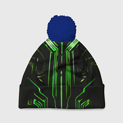 Шапка c помпоном Green stripes on a black background