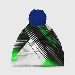 Шапка с помпоном Диагональные зелёно-чёрные линии на белом фоне, цвет: 3D-тёмно-синий