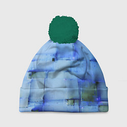 Шапка с помпоном Чёрные пятна на синем фоне абстракция, цвет: 3D-зеленый