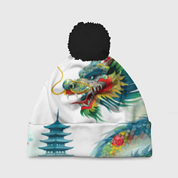 Шапка с помпоном Japanese watercolor dragon - art, цвет: 3D-черный