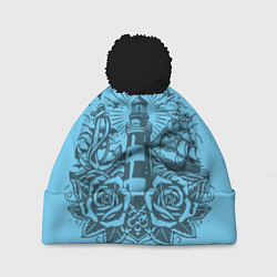 Шапка с помпоном Маяк с розами и кораблем, цвет: 3D-черный