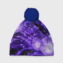 Шапка с помпоном Силуэты цветов на темном фоне - фиолетовое свечени, цвет: 3D-тёмно-синий