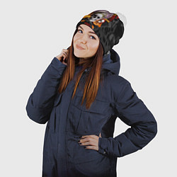 Шапка с помпоном Череп в кокошнике на фоне матрёшек и балалаек, цвет: 3D-белый — фото 2