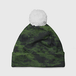 Шапка с помпоном Темно-зеленая камуфляжная текстура, цвет: 3D-белый