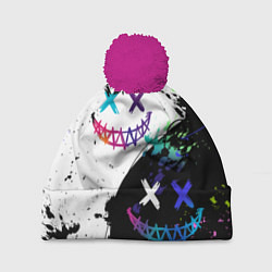 Шапка с помпоном Неоновые брызги - жуткие улыбки, цвет: 3D-малиновый