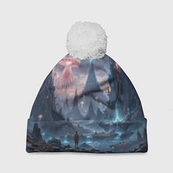Шапка c помпоном Фантастический мир с медузами и озеро у гор