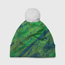 Шапка с помпоном Абстракция - green paint strokes, цвет: 3D-белый