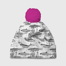 Шапка с помпоном Корюшка и рыбалка в Питере паттерн, цвет: 3D-малиновый