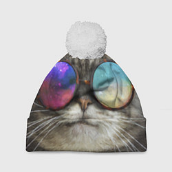 Шапка с помпоном A Cat with multicolored glasses, цвет: 3D-белый