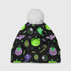 Шапка c помпоном Halloween black pumpkin pattern
