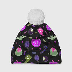 Шапка с помпоном Halloween pink black pumpkin, цвет: 3D-белый