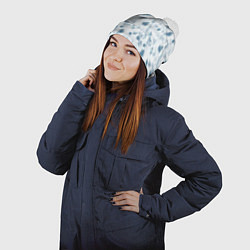 Шапка с помпоном Мемфис синий с серым клетчатый геометрический узор, цвет: 3D-белый — фото 2