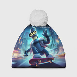 Шапка с помпоном Bender is a skateboarder in neon street - ai art, цвет: 3D-белый