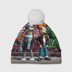 Шапка c помпоном Bender bending robot and Fry - ai art graffiti