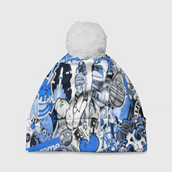 Шапка с помпоном Monster energy sticker blue, цвет: 3D-белый