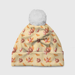 Шапка с помпоном Хеллоуин с тыквой и листьями, цвет: 3D-белый
