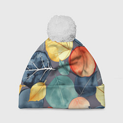 Шапка с помпоном Круглые акварельные листья, цвет: 3D-белый