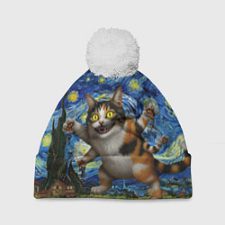 Шапка с помпоном Звездная ночь и кот монстр, цвет: 3D-белый