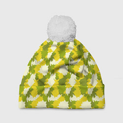 Шапка с помпоном Яркий камуфляж желтые и зеленые пятна, цвет: 3D-белый