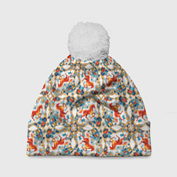 Шапка с помпоном Орнамент с лошадью - символом Нового 2026 года, цвет: 3D-белый
