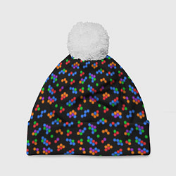 Шапка c помпоном Разноцветные детали мозаики на черном