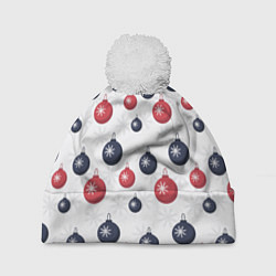 Шапка с помпоном Синие и красные новогодние шары со снежинками, цвет: 3D-белый