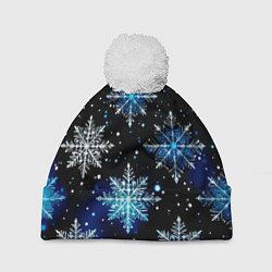 Шапка с помпоном Стилизованный чёрно-синий со снежинками, цвет: 3D-белый
