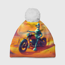 Шапка с помпоном Робот Бендер на мотоцикле в пустыне, цвет: 3D-белый