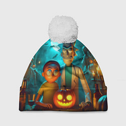 Шапка c помпоном Morty and Rick with pumpkin - neon halloween