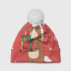 Шапка с помпоном Новогодняя лошадка с подарками, цвет: 3D-белый