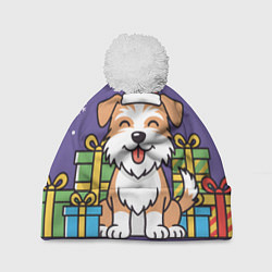 Шапка c помпоном Новогодняя собачка с подарками